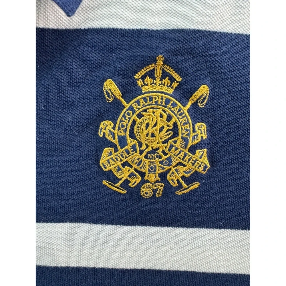 Polo Ralph Lauren Mens Custom Fit Striped Rugby Polo Shirt Navy White Sz LG Logo